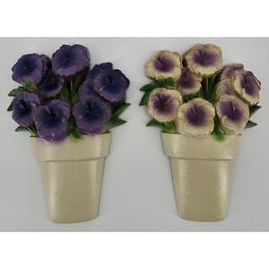 2 Vtg MCM Burwood Plaques Flower Pots Pansies Purple Beige 2193 Decor Cottage